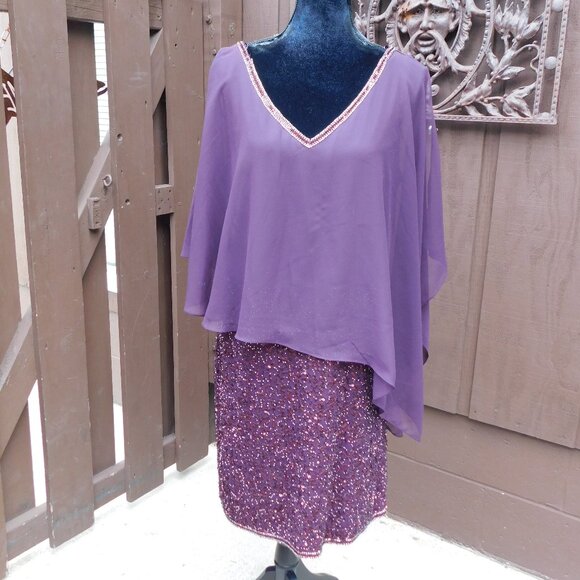 JKARA Sz 14 Royal Purple Sequin Beaded Dress w/ Sheer Overlay NEW - Picture 1 of 6
